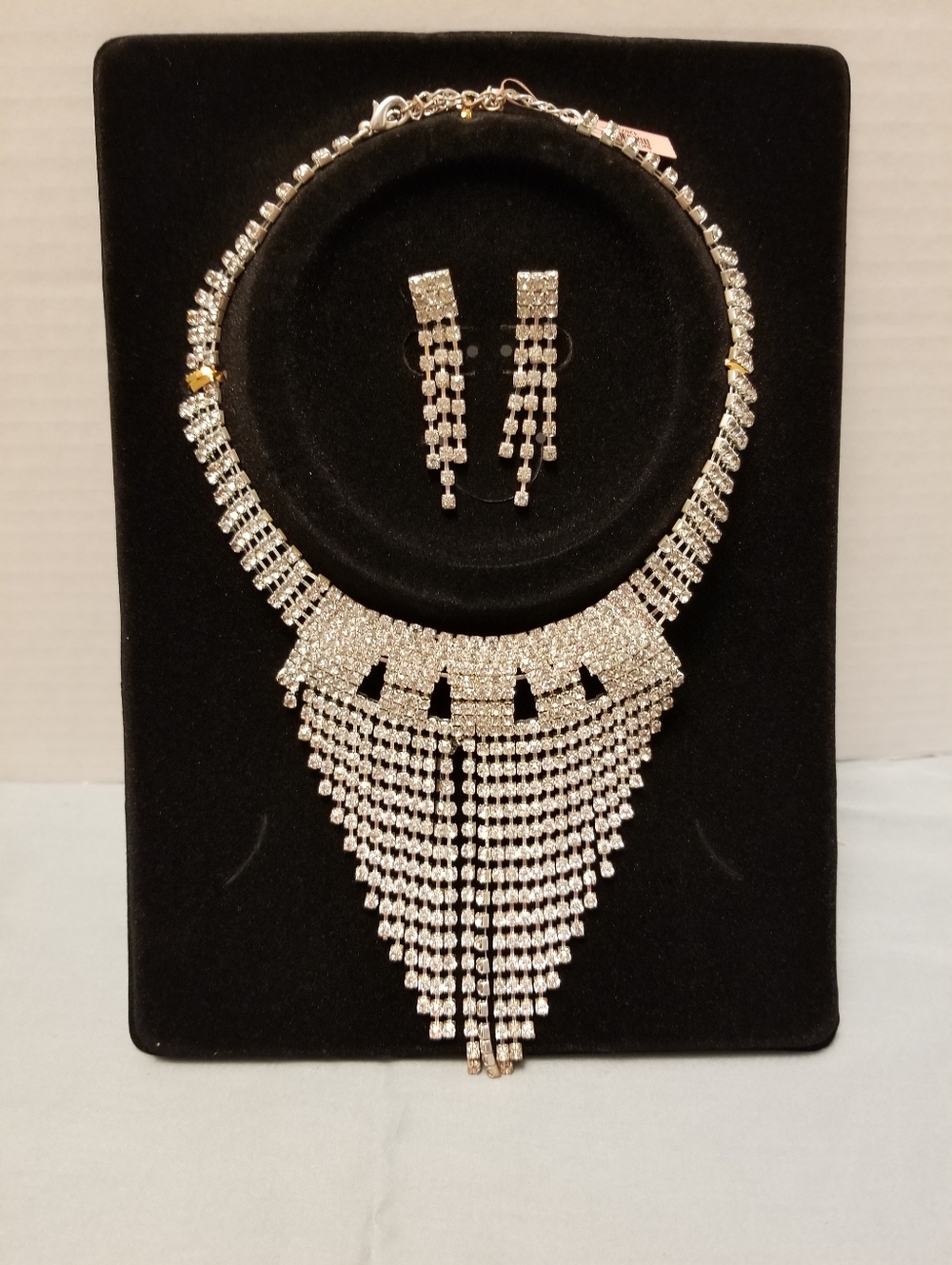 Silver-Tone Crystal Fringe Necklace with Drop Earrings